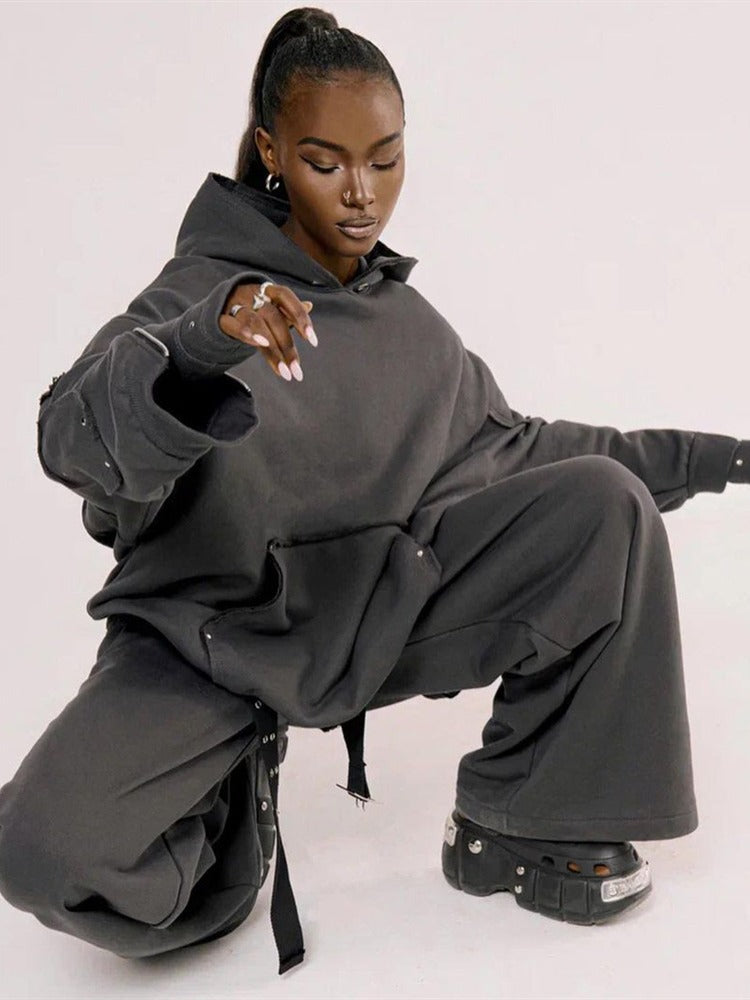 Sporty style zipper hooded sweatshirt suit straight wide-leg pants two-piece suit
