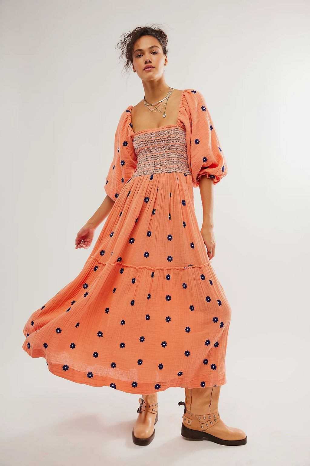 Trumpet sleeve embroidered square neck sunflower swing dress