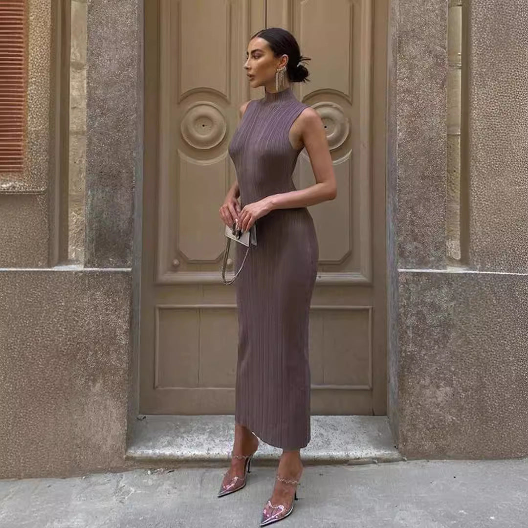 Knitted Turtleneck Sleeveless Bodycon Midi Elegant French Dress