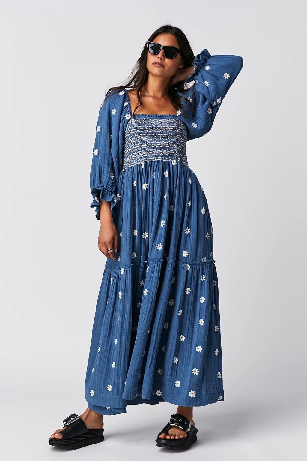 Trumpet sleeve embroidered square neck sunflower swing dress