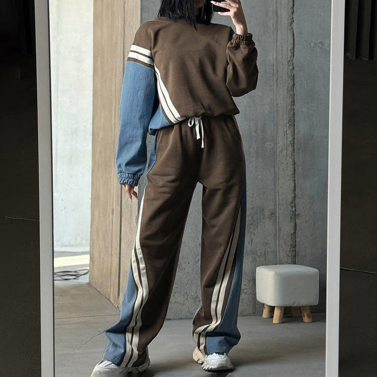 Sporty style contrast color striped sweatshirt pullover top drawstring trousers two-piece set