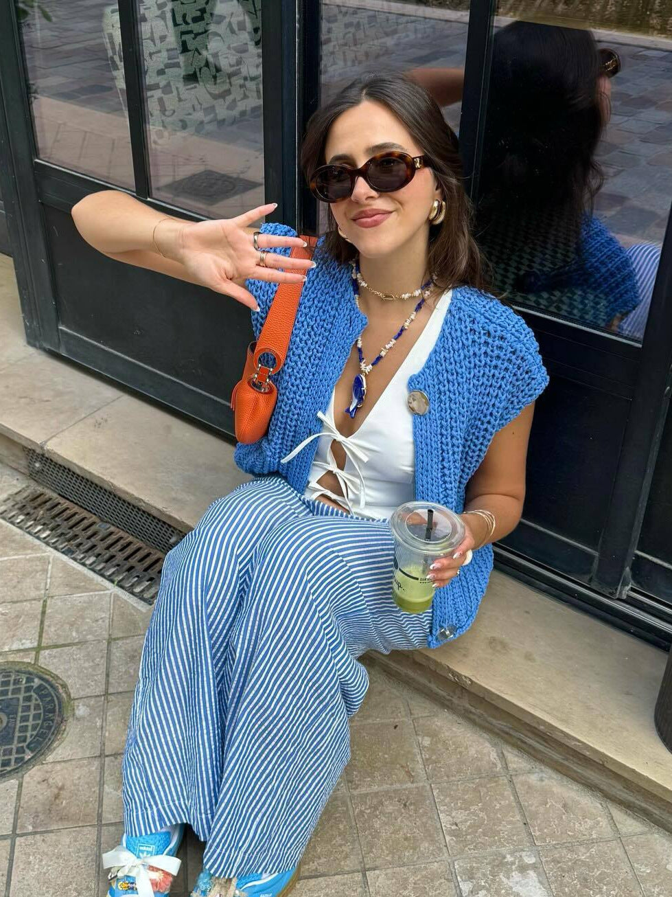 Spring autumn women's clothing pocket sleeveless short knitted cardigan Vest