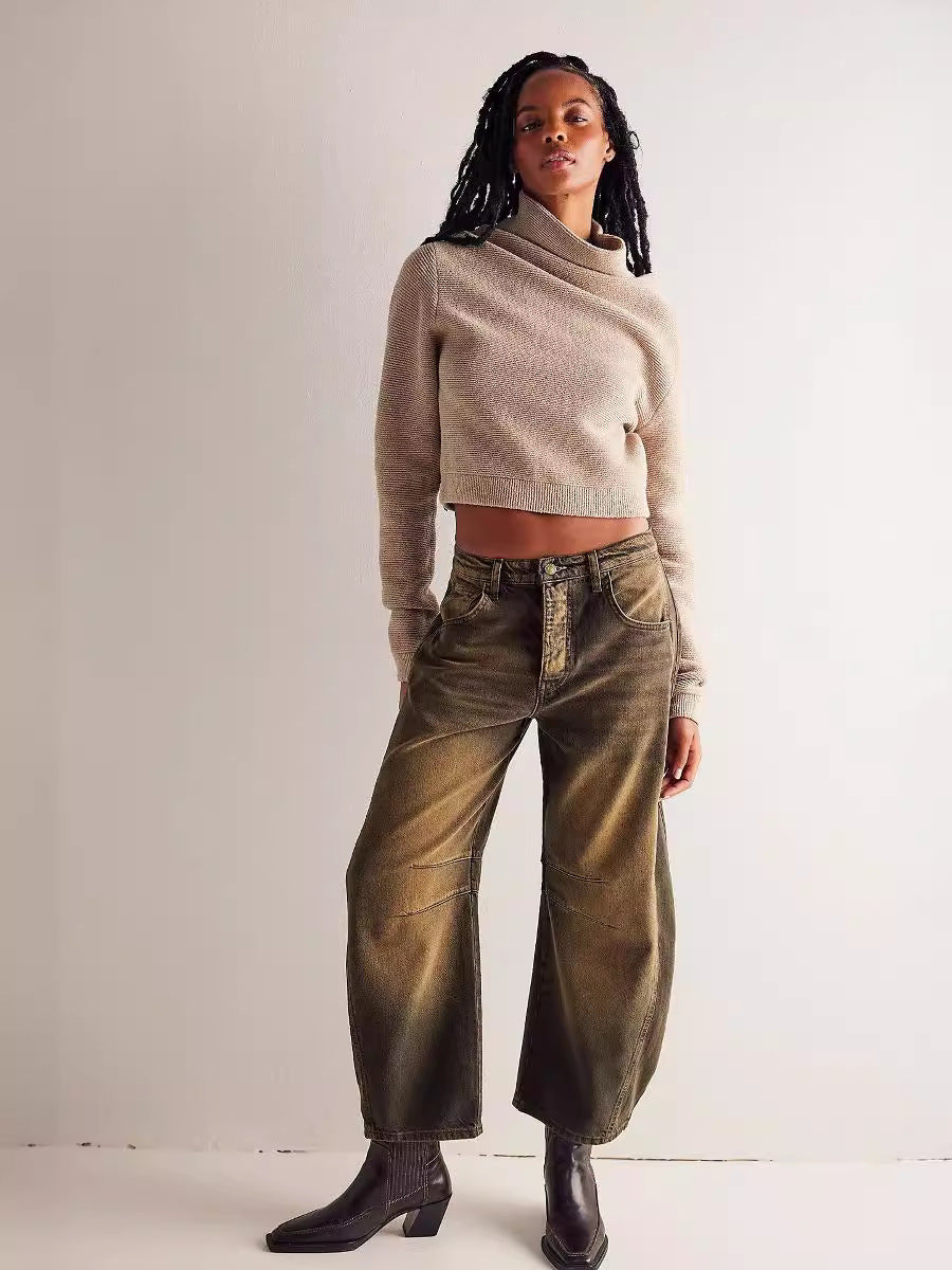 Spring Autumn Casual Loose Mid-Rise Tube Jeans for Women