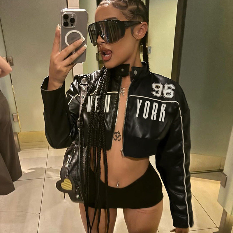 Motorcycle style leather jacket contrast color bud short PU leather jacket