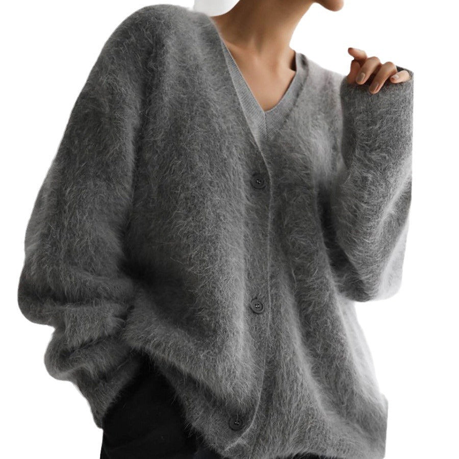 Spring autumn imitation mink cardigan women lazy style loose sweater coat soft long sleeve