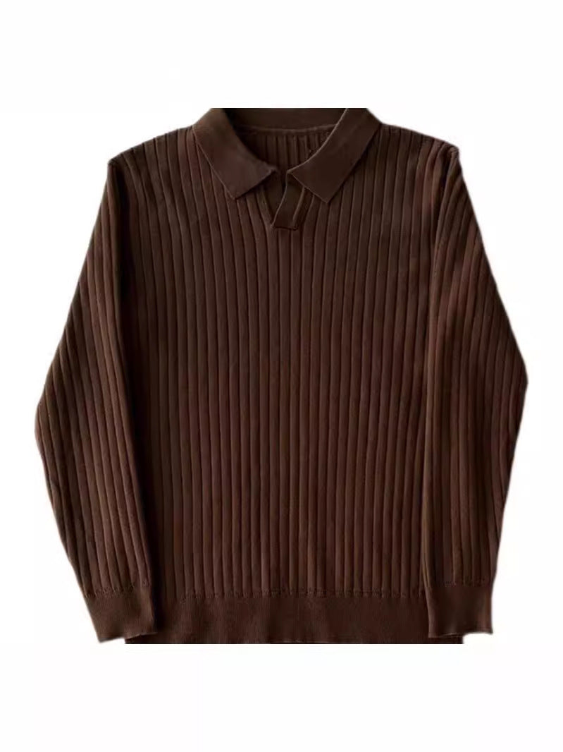Spring autumn high-end men's clothing solid color thread elastic lapel pullover slim fit knitted T-shirt