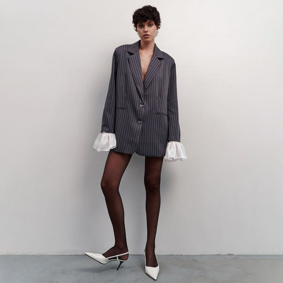 Retro style patchwork non-iron treatment striped small suit jacket