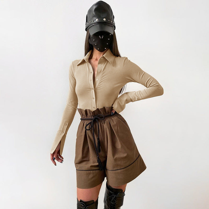 Polo collar half button, slim-fit long sleeve solid color bodysuit