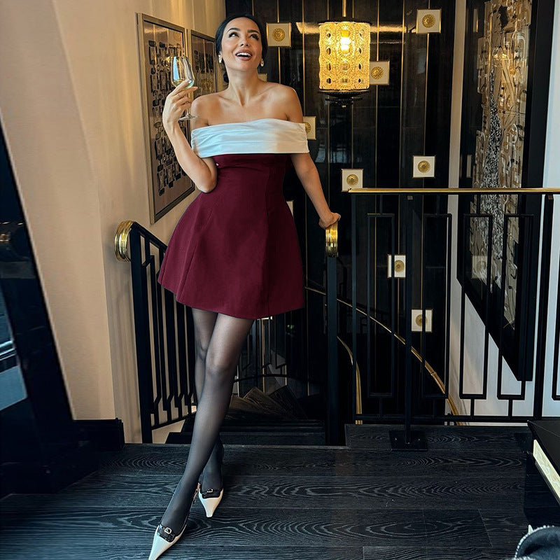 Slim-fit one-shoulder contrast evening dress