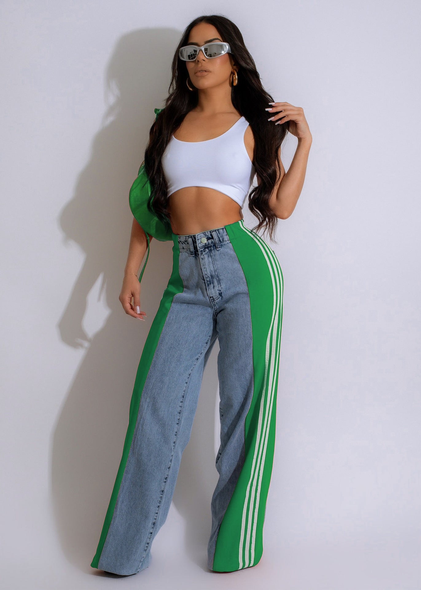 Three-striped wide-leg denim trousers Casual high-waist stretch straight trousers