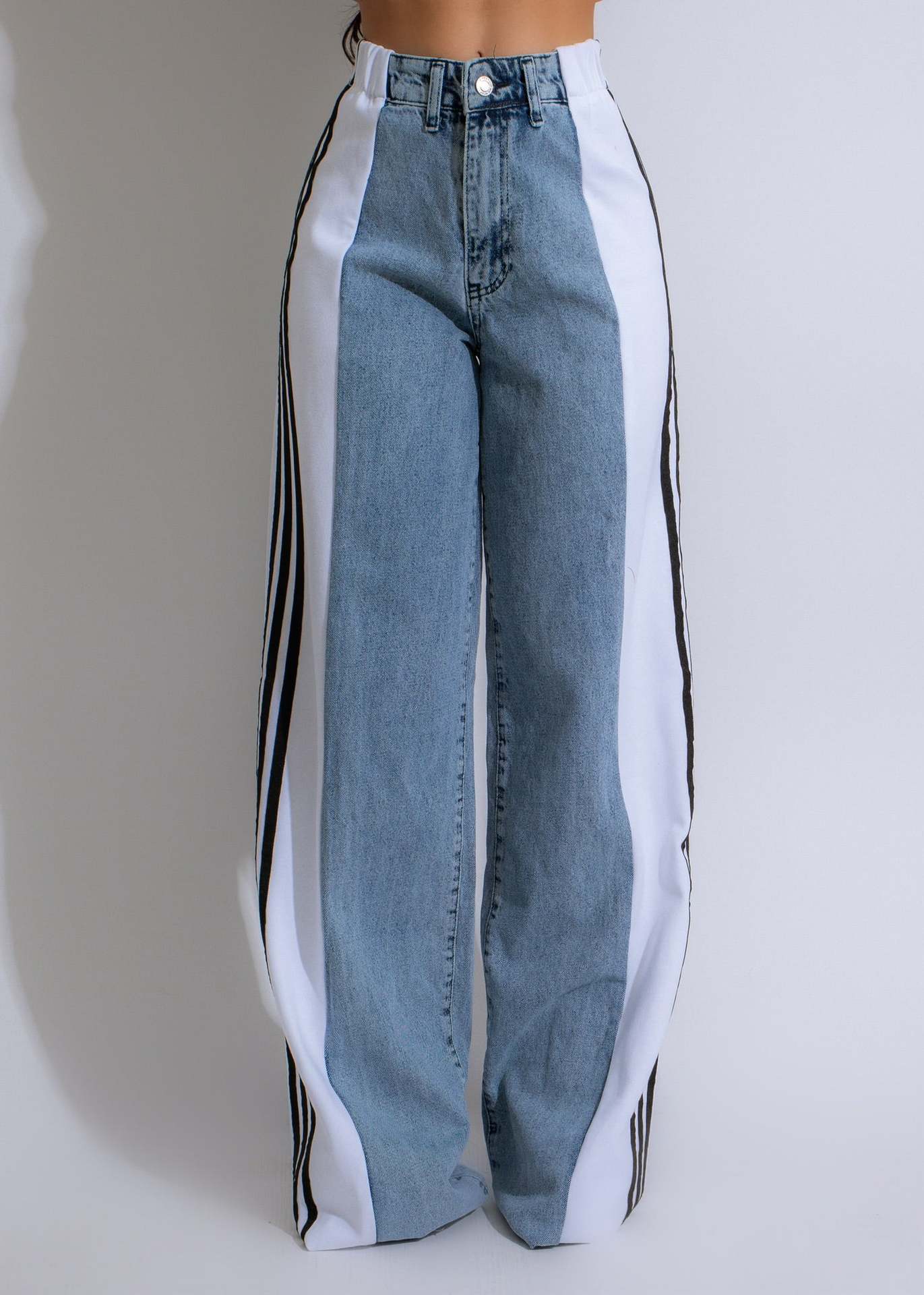 Three-striped wide-leg denim trousers Casual high-waist stretch straight trousers