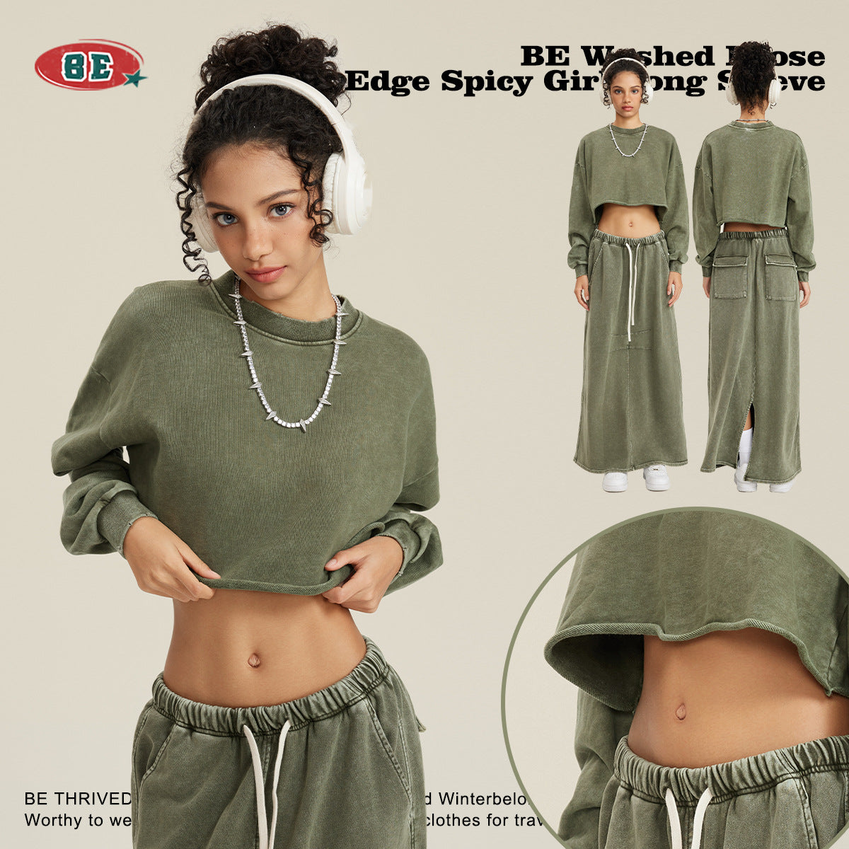 Washed hem short hot girl long sleeve T-shirt retro street top