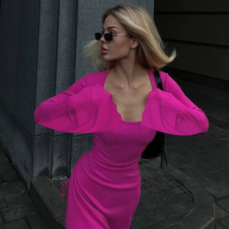 Arabic Loose U-neck Back Tie Long Sleeve Dress