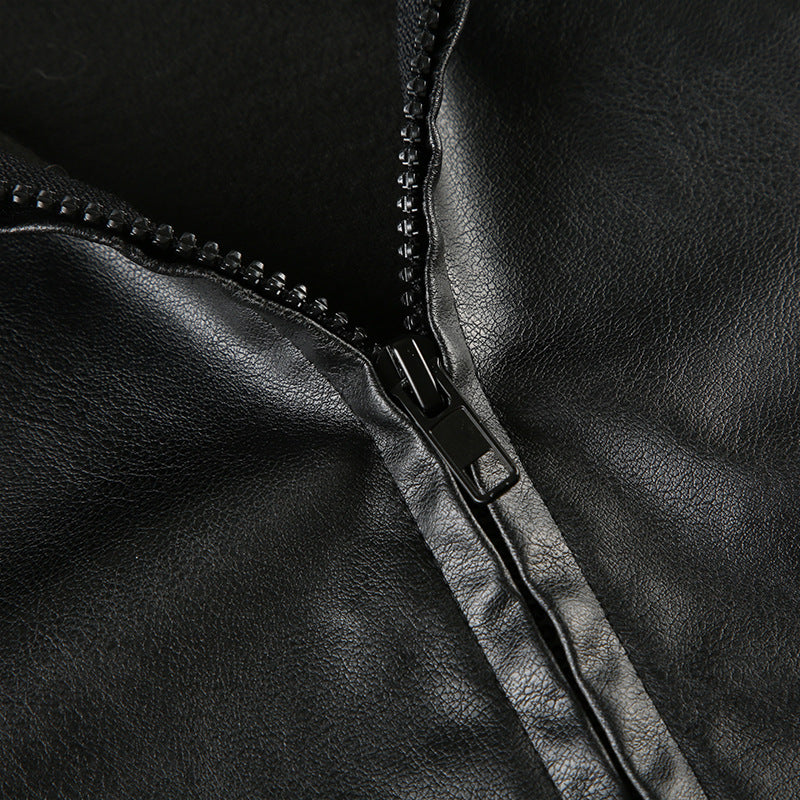 Solid color PU leather hooded long sleeve pleated short zipper loose street cardigan jacket
