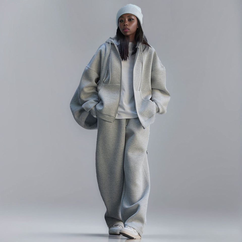 Profile air layer hooded sweatshirt pants casual zipper jacket + drawstring wide leg pants two-piece set