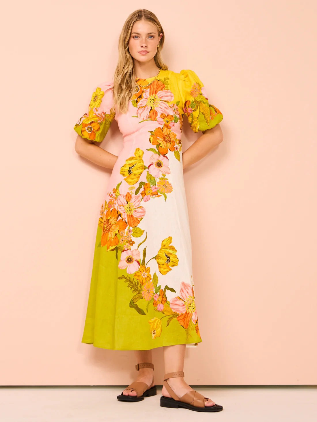 Printed puff sleeves elegant slim-fitting swing dress