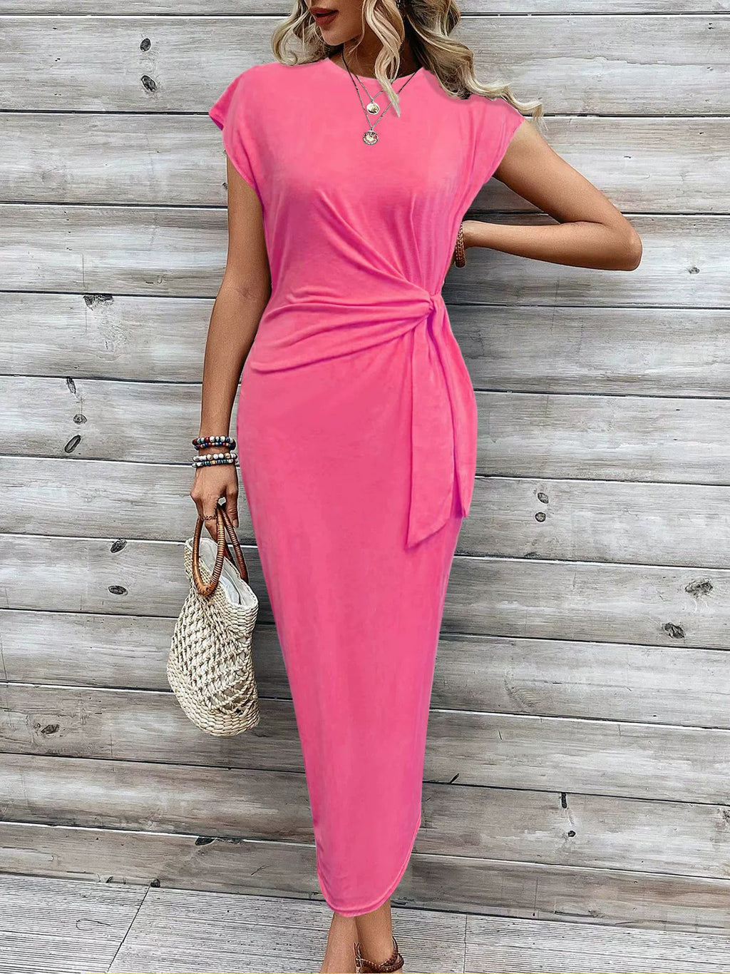 Elegant waist tie striped round neck short sleeve long dress