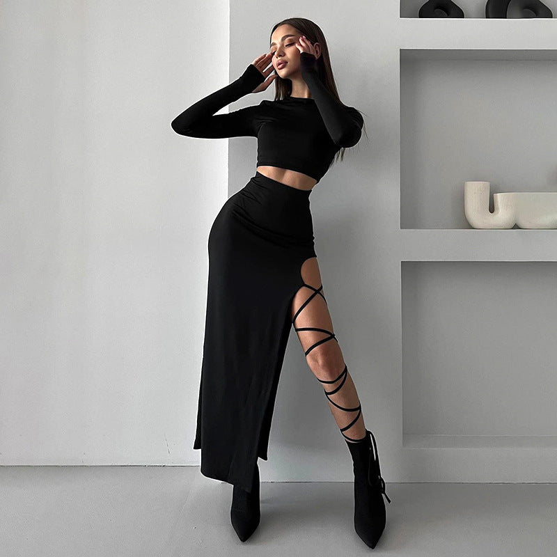 Solid Color Long Sleeve Round Neck Top Slim Fit Tie Skirt Set