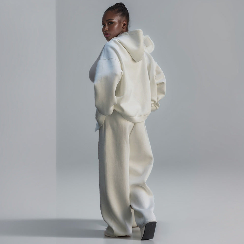 Profile air layer hooded sweatshirt pants casual zipper jacket + drawstring wide leg pants two-piece set