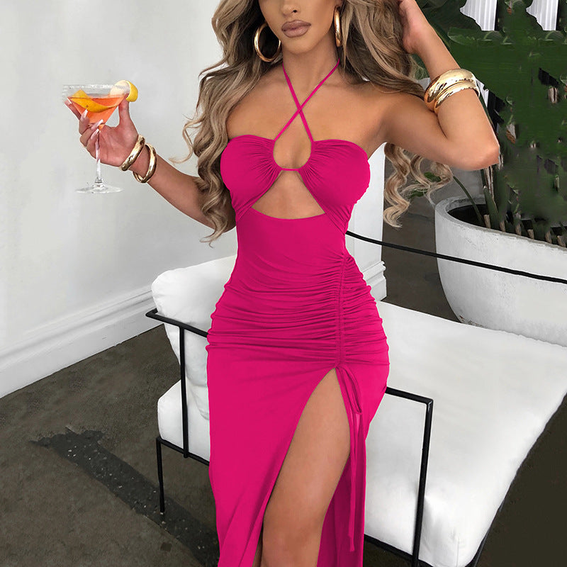 High-slit wrinkled halter neck maxi dress