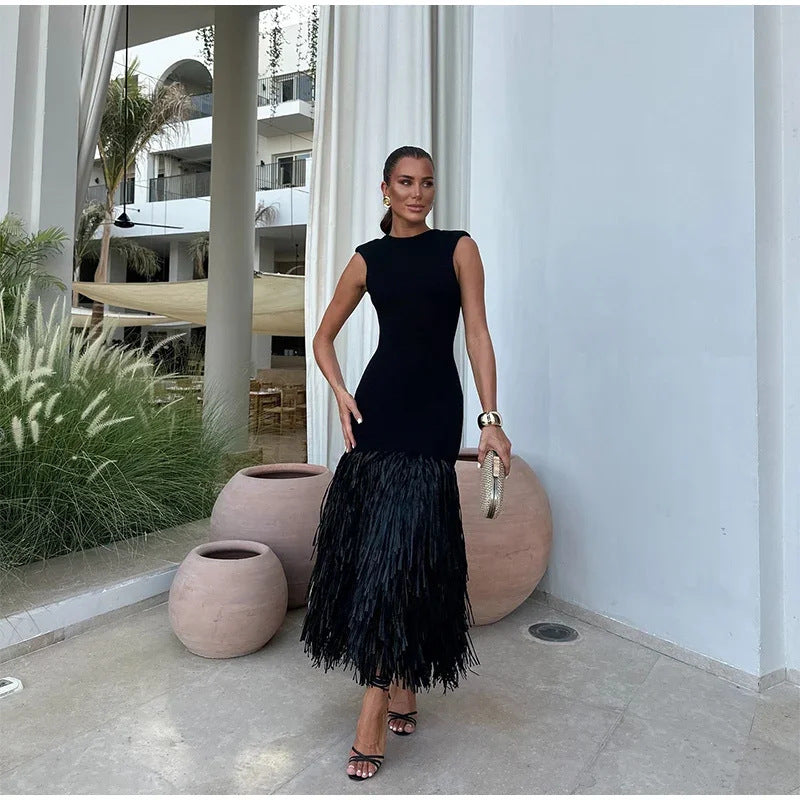 Solid color raffia patchwork knitted midi dress