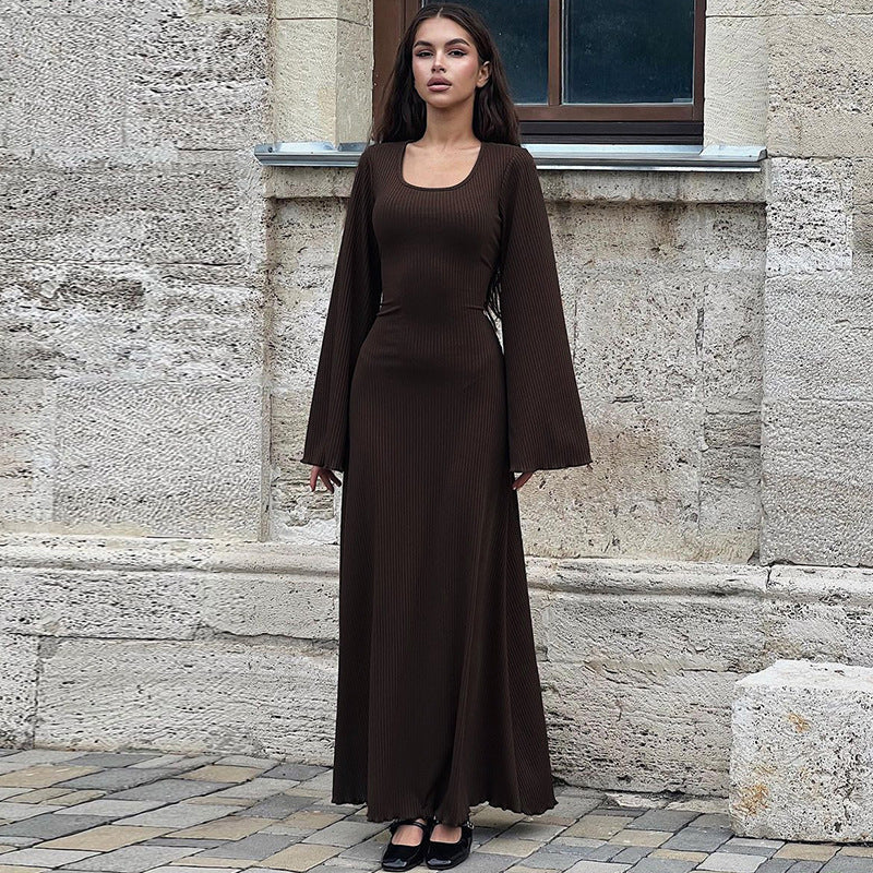 Arabic Loose U-neck Back Tie Long Sleeve Dress