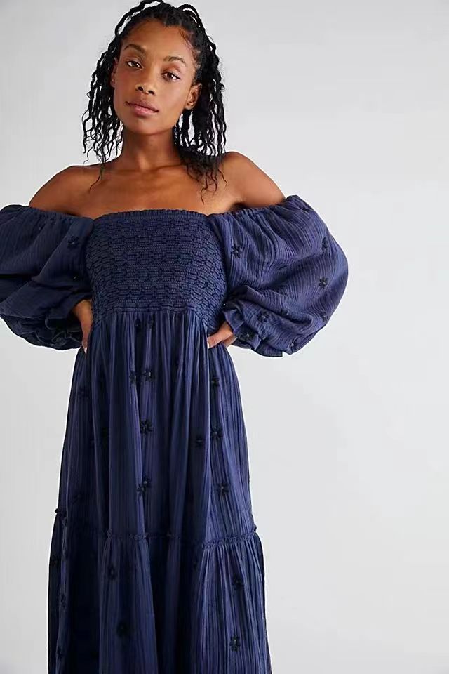 Trumpet sleeve embroidered square neck sunflower swing dress