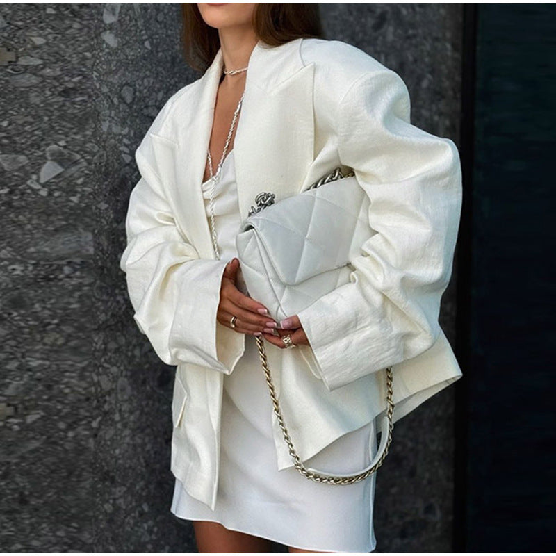 Solid color with large lapel and gathered sleeves suit jacket