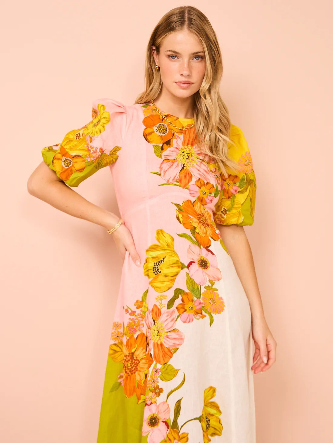 Printed puff sleeves elegant slim-fitting swing dress
