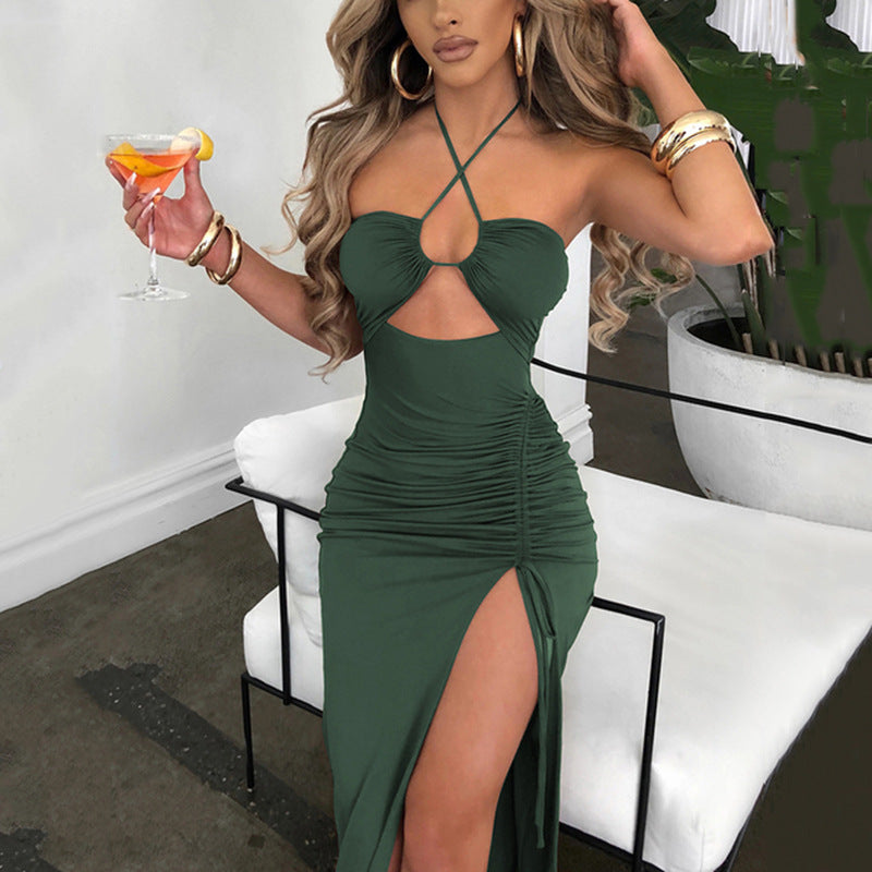 High-slit wrinkled halter neck maxi dress
