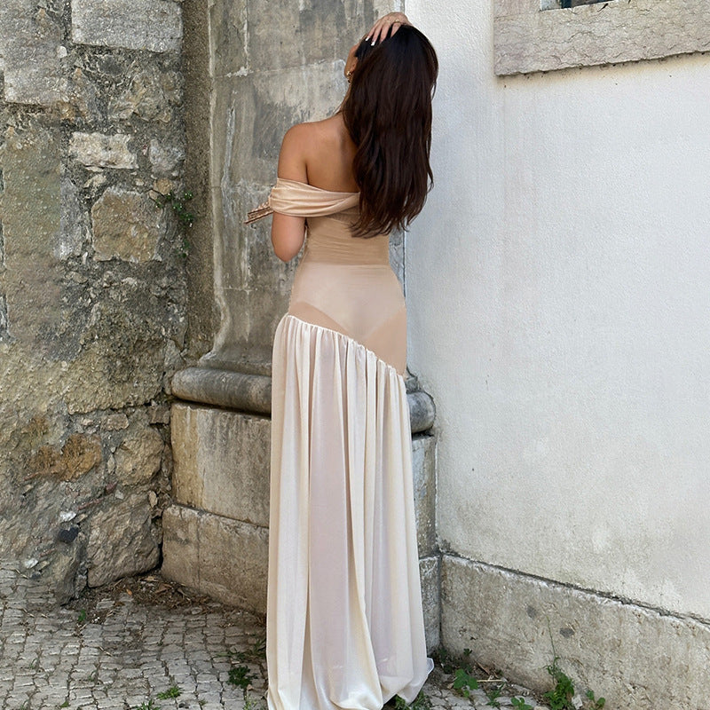 Elegant off-shoulder mesh slim-fitting long dress