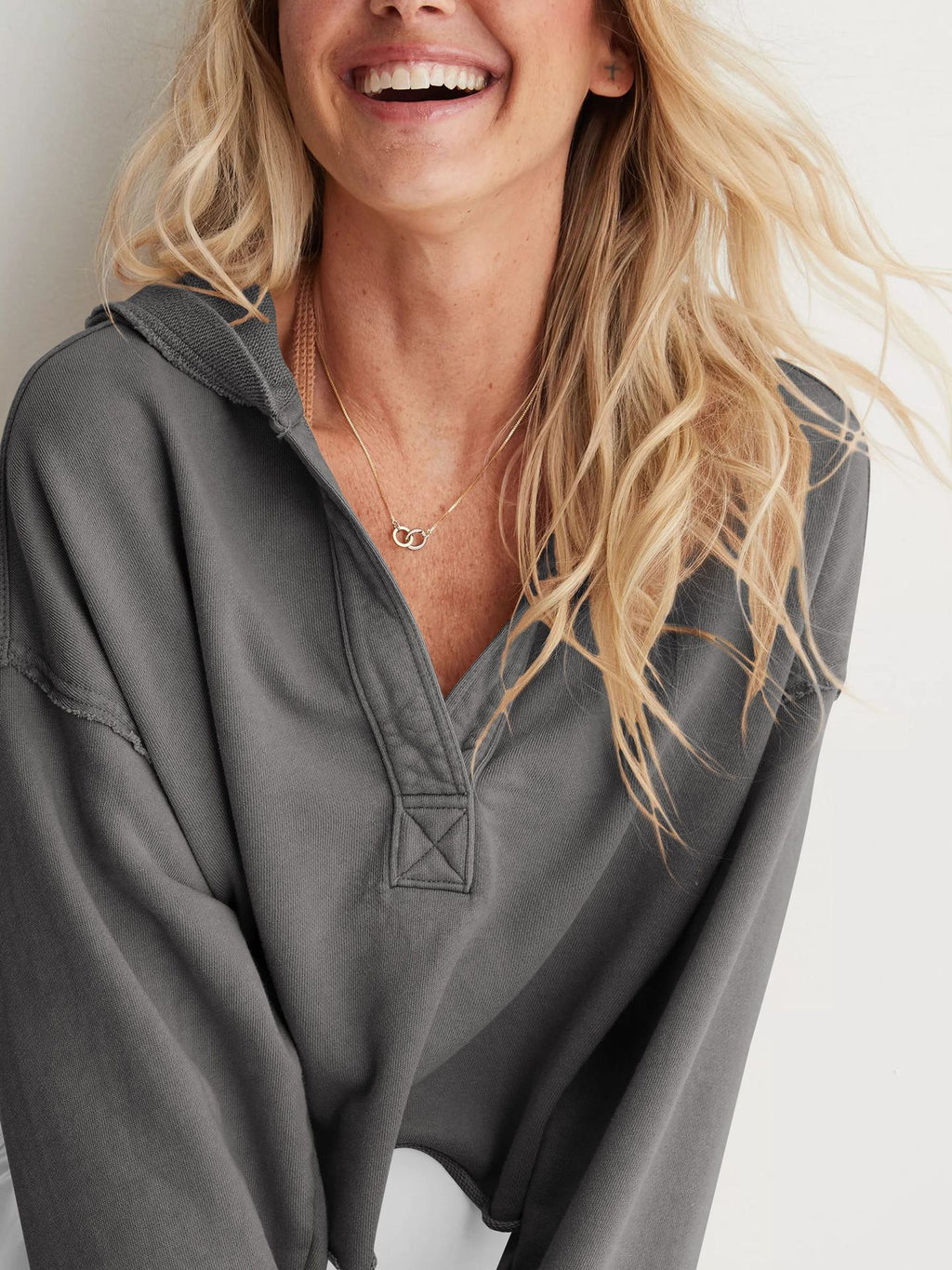 Hooded Half-Open Collar Solid Color Loose Sweatshirt