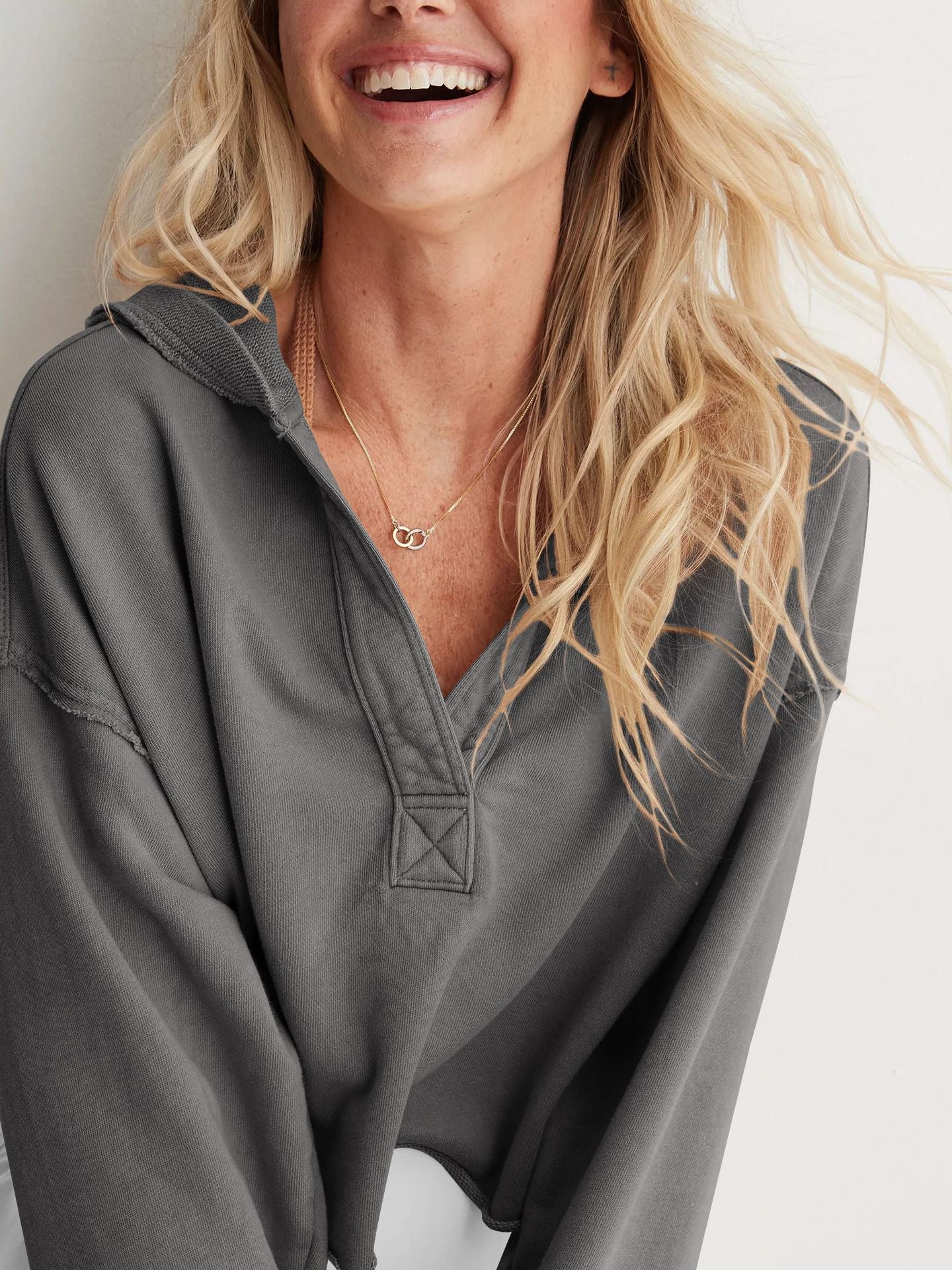 Hooded Half-Open Collar Solid Color Loose Sweatshirt