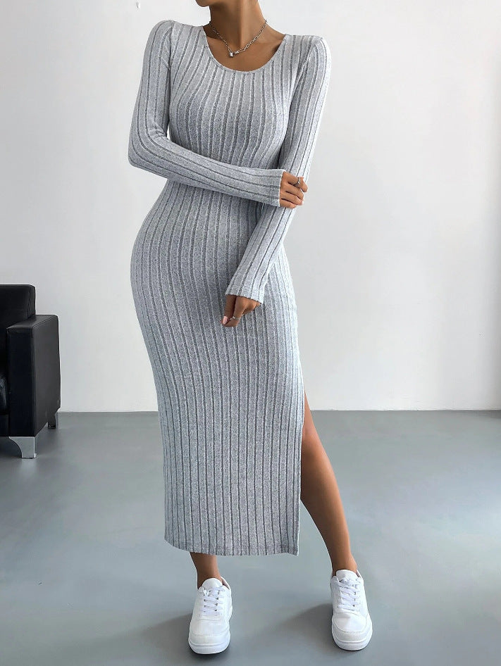 Long Sleeve Round Neck Slit Knit Long Dress