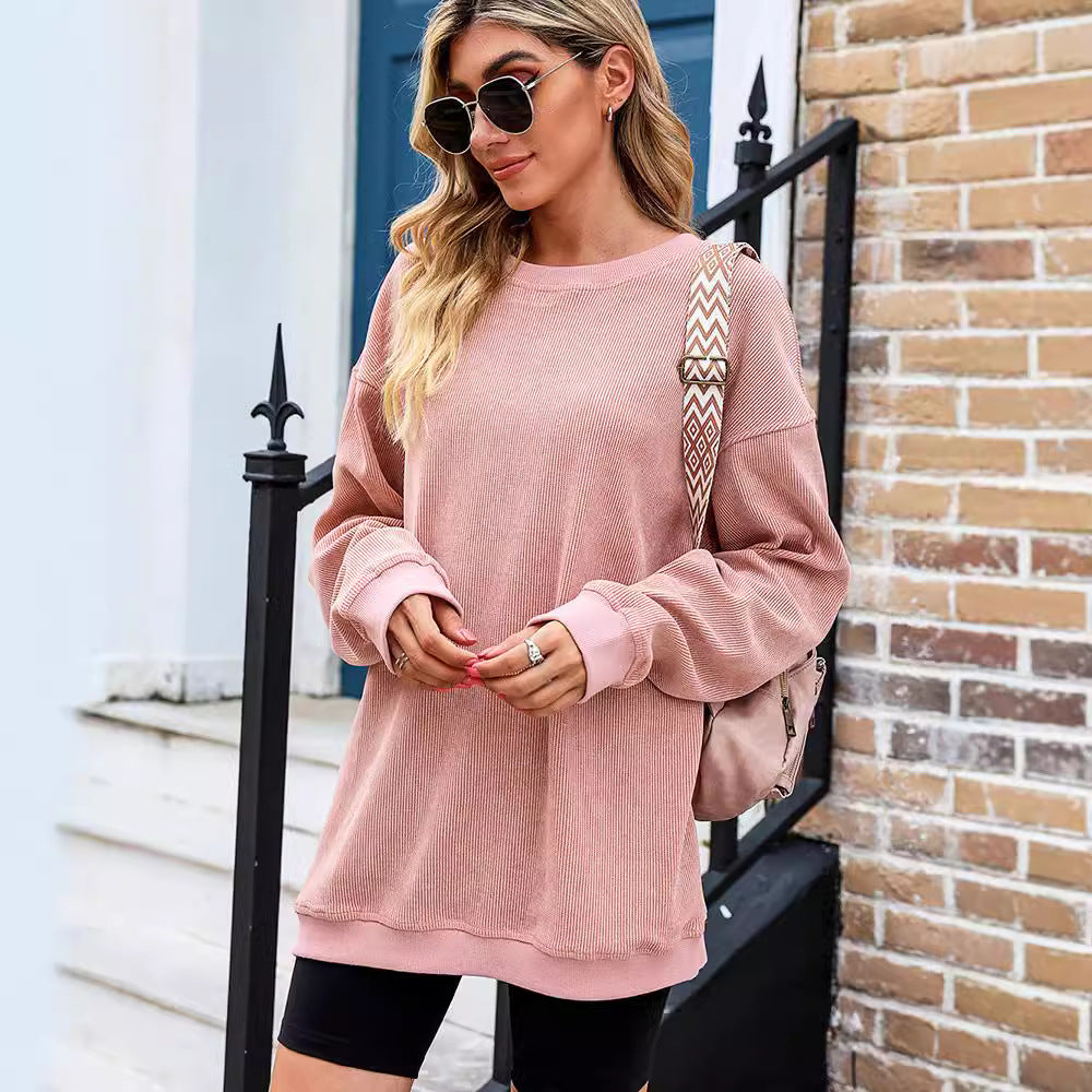 Women's ribbed knitted long sleeve loose sweatshirt