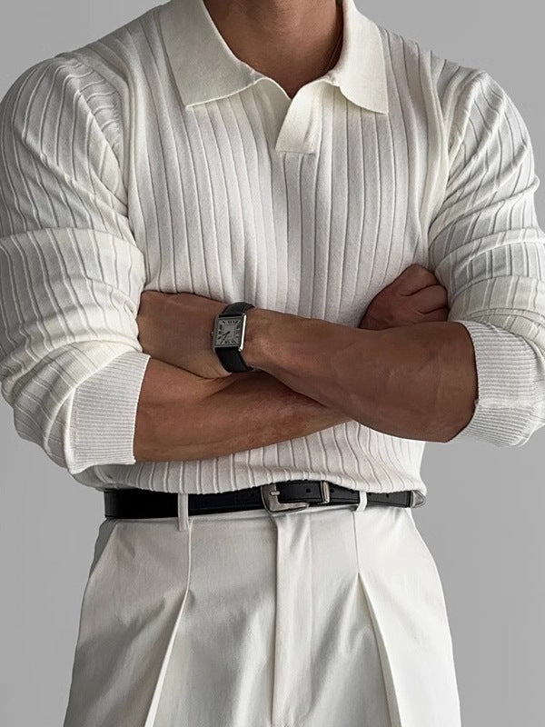 Spring autumn high-end men's clothing solid color thread elastic lapel pullover slim fit knitted T-shirt