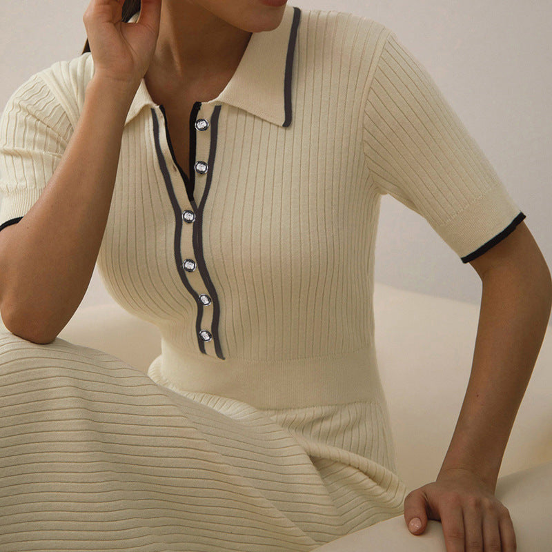 Elegant contrast lapel short-sleeved dress