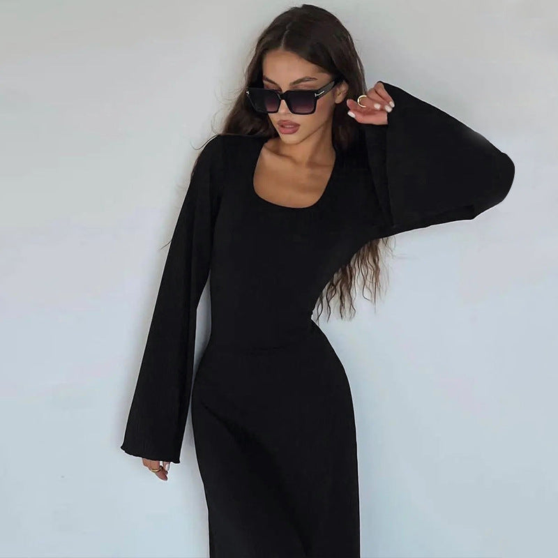 Arabic Loose U-neck Back Tie Long Sleeve Dress