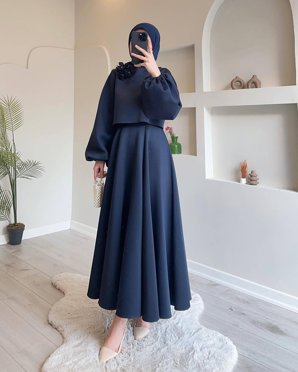 Flower Lantern Sleeve Loose Dress Women's Skirt Suit Two-piece Set