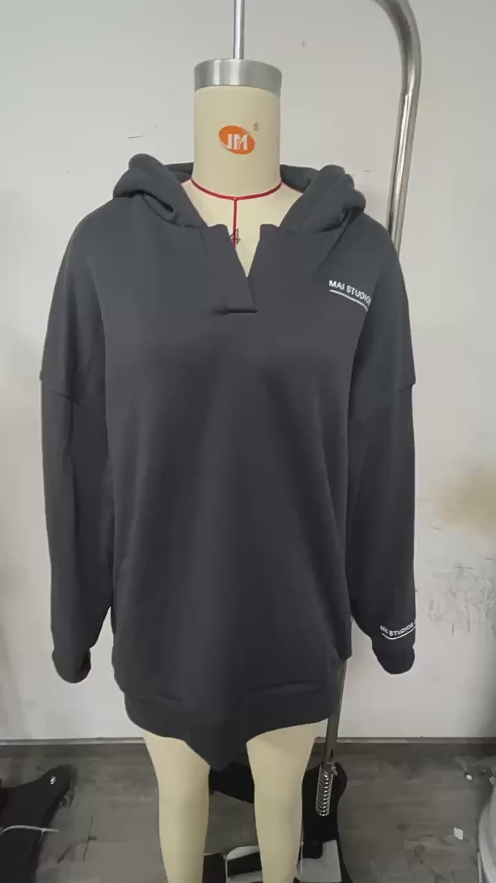 Plush hooded long-sleeved basic all-match sweatshirt V-neck sweater