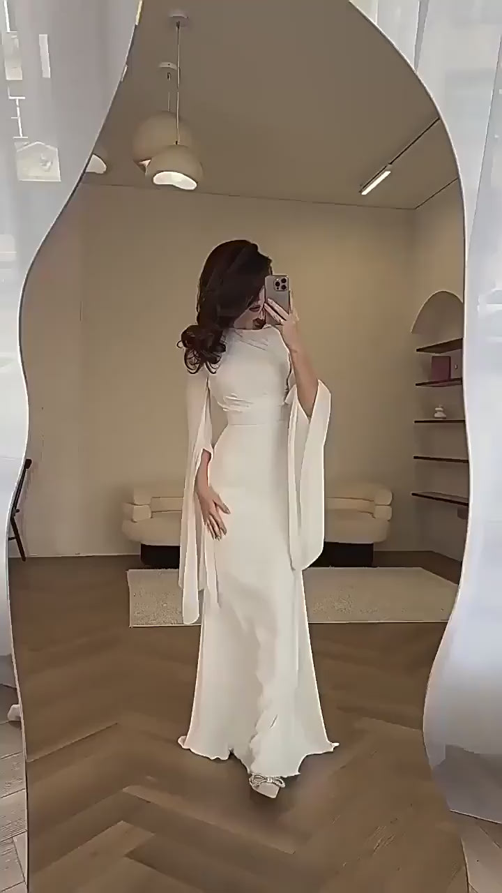 Spliced organza long satin fitted dress with wide sleeves