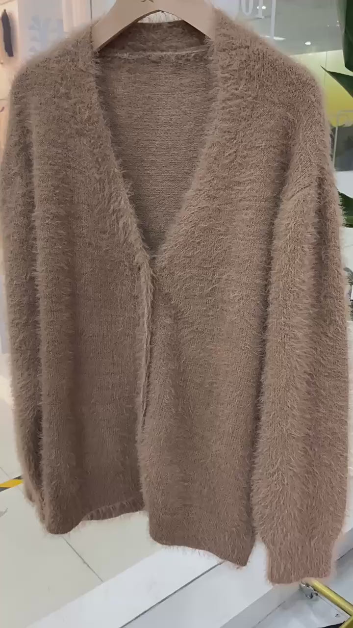 Spring autumn imitation mink cardigan women lazy style loose sweater coat soft long sleeve